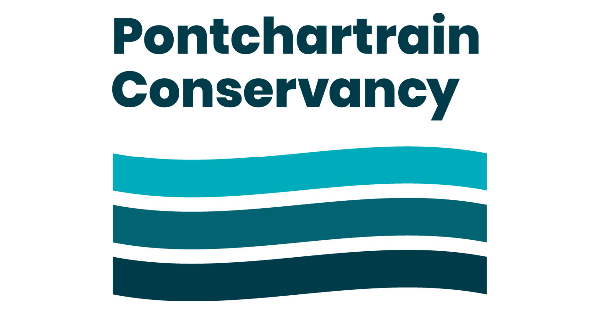 Pontchartrain Conservancy logo: bold dark-teal text above three teal wavy bands.