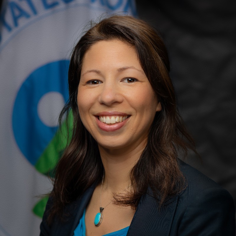 Portrait of a smiling woman wearing a blue blouse and dark blazer, in front of a blurred backdrop (professional headshot).