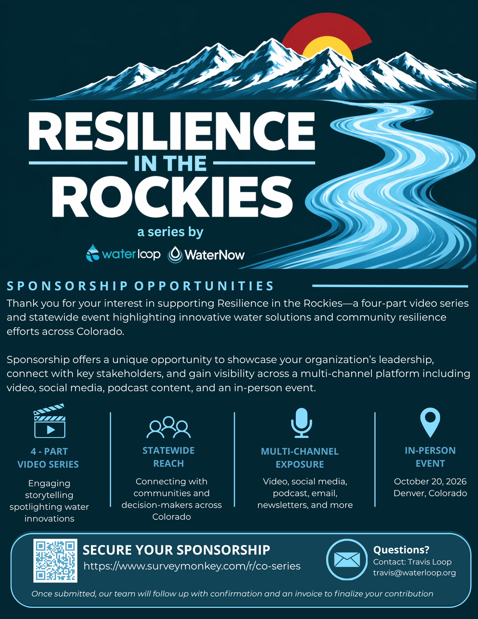 Sponsorship Graphic pg 1 2 | WaterNow Poster for 'Resilience in the Rockies' featuring a mountain range, winding blue river, and a red-yellow sun, with sponsor logos at the bottom.