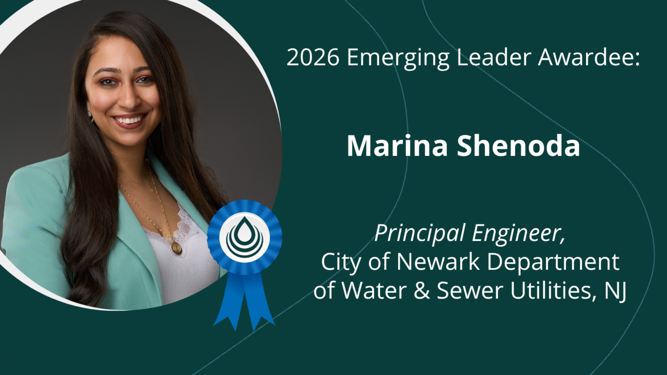 Portrait of Marina Shenoda with teal background, announcing the 2026 Emerging Leader Award recipient and ribbon badge