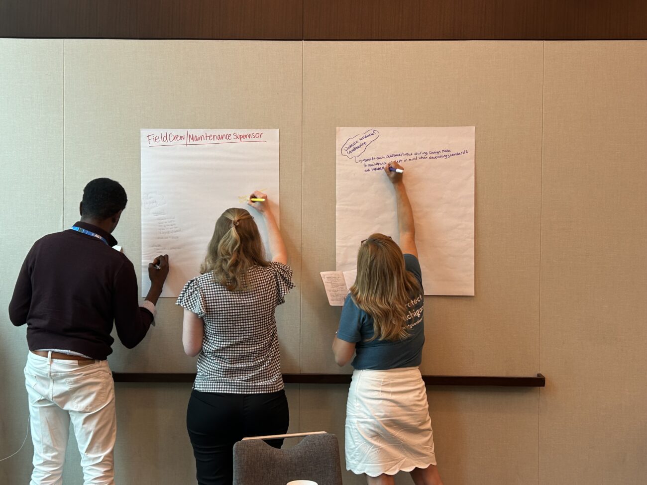 Four people seen from behind writing on large white papers taped to a beige wall in a workshop setting.