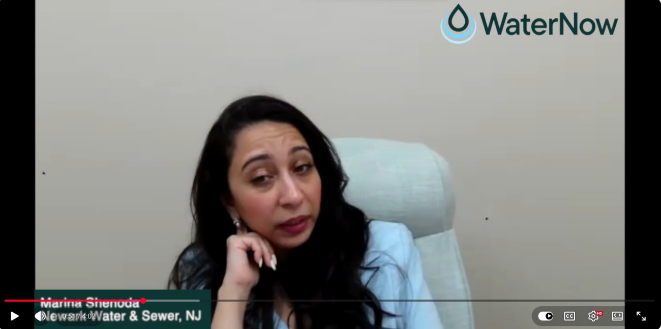 Webinar speaker: woman with dark hair seated, speaking in a WaterNow session; lower-left caption shows Marina Shenoda, Water & Sewer, NJ.