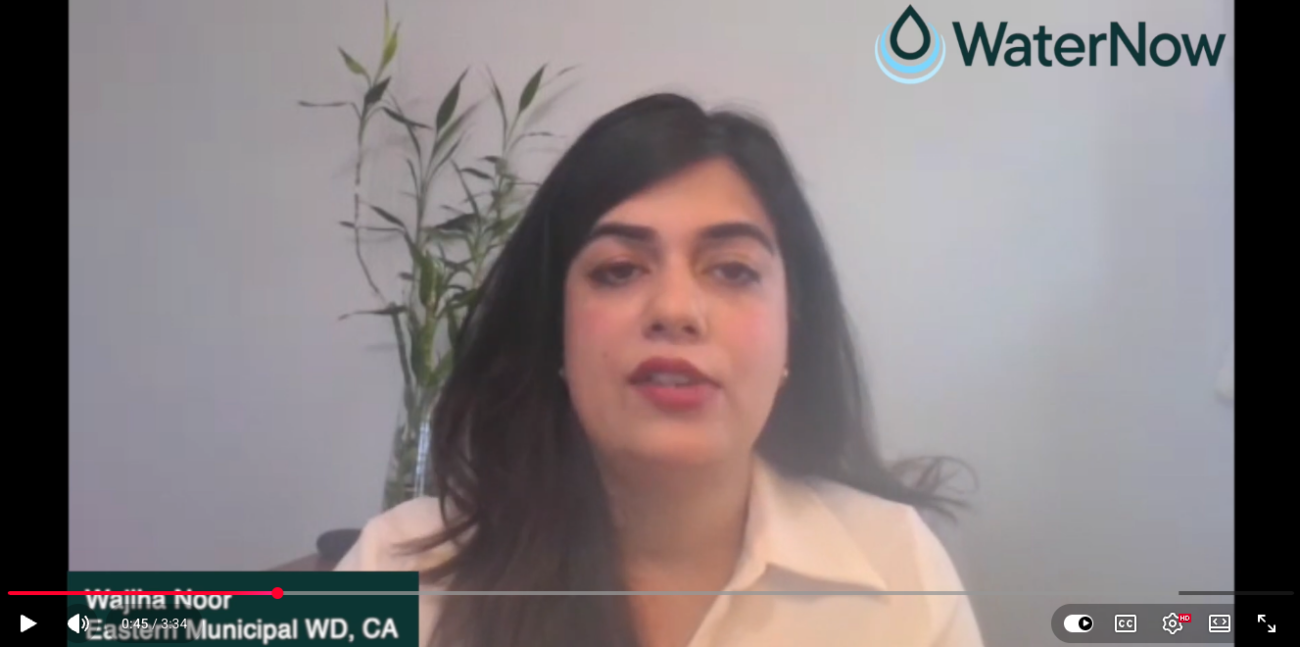 Woman speaking to camera in a WaterNow webinar, with a plant in the background and the WaterNow logo in the top-right corner.