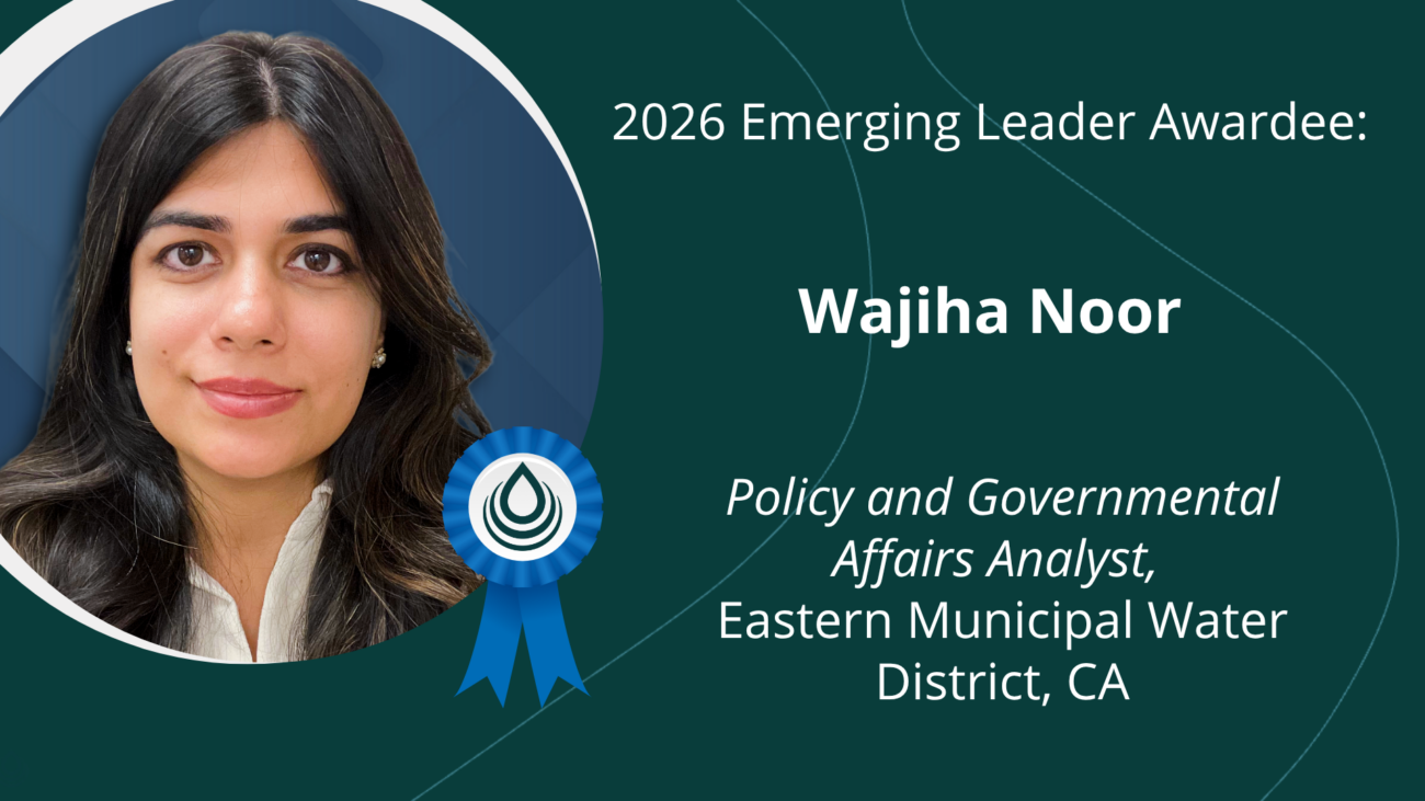 Portrait of Wajiha Noor as the 2026 Emerging Leader Awardee, with a blue ribbon, against a teal banner showing her title and organization.