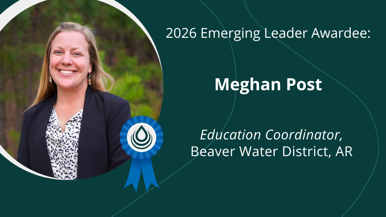Meghan Post, 2026 Emerging Leader Awardee, portrait with blue ribbon; Education Coordinator, Beaver Water District, AR.